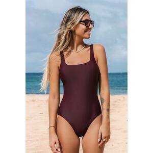 NEW CUPSHE Retro Square Neck One Piece Swimsuit SIZE L Maroon